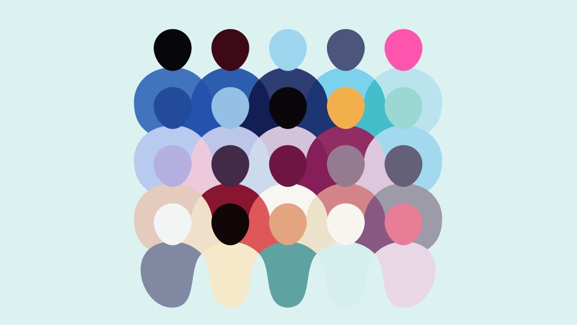 A colorful crowd of stylized figures with overlapping silhouettes on a light blue background.