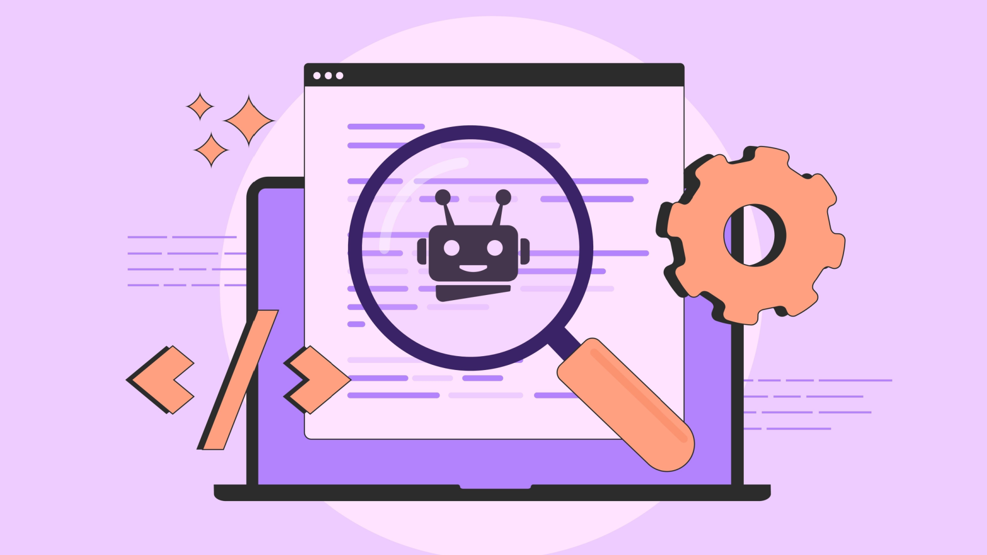 Laptop with magnifying glass, chatbot, code, gear, representing AI and technology.
