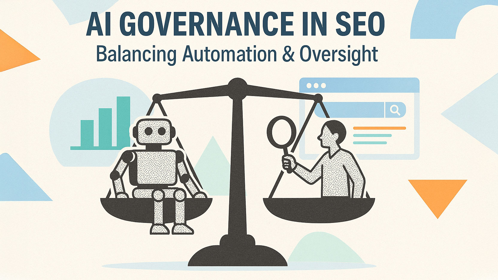 Illustration of a balance scale. One side has a robot, the other a person holding a magnifying glass. 
