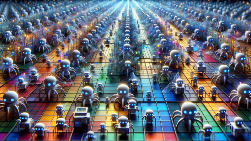 Robots with glowing blue eyes fill a colorful, grid-like space, under bright blue light.