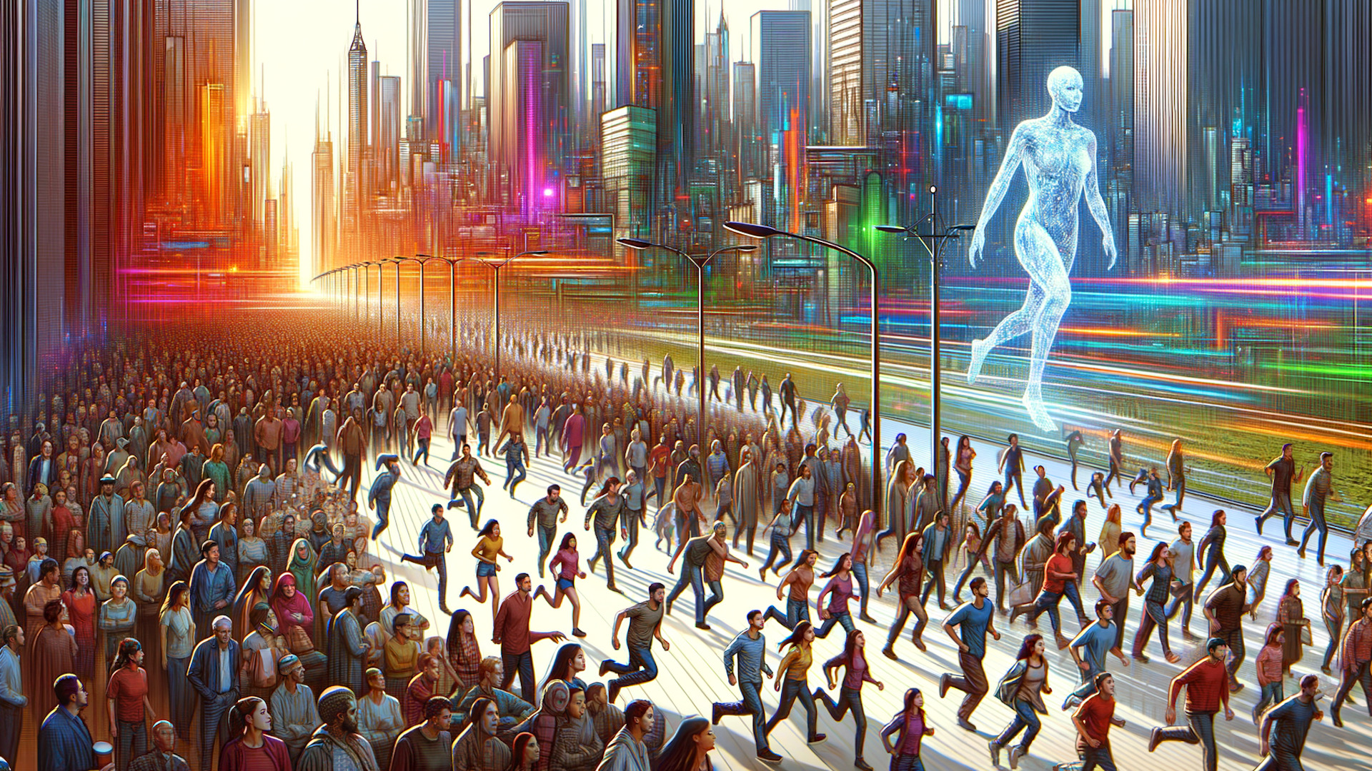 Crowd running down a futuristic city street, a glowing female hologram in the background.