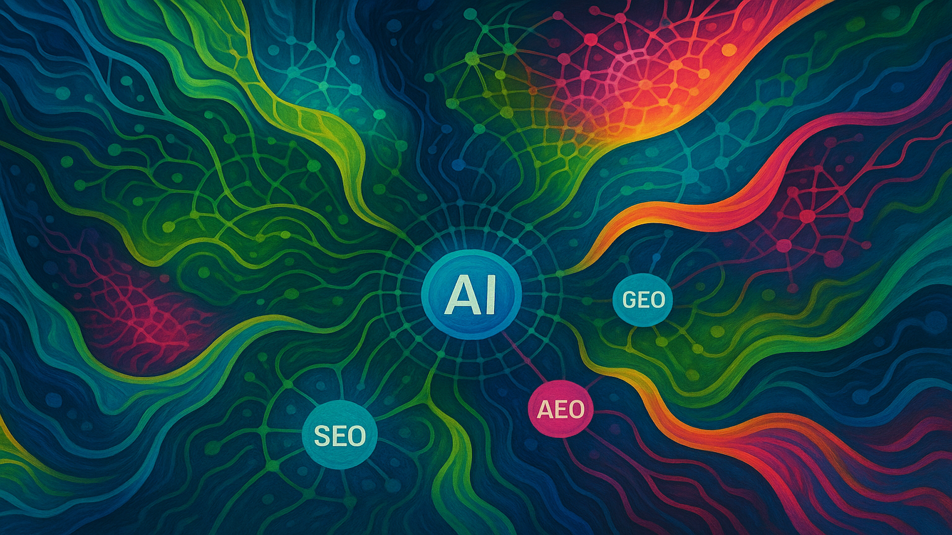 AI concept with connected nodes in a colorful, flowing digital design. Keywords: SEO, GEO, PEO.