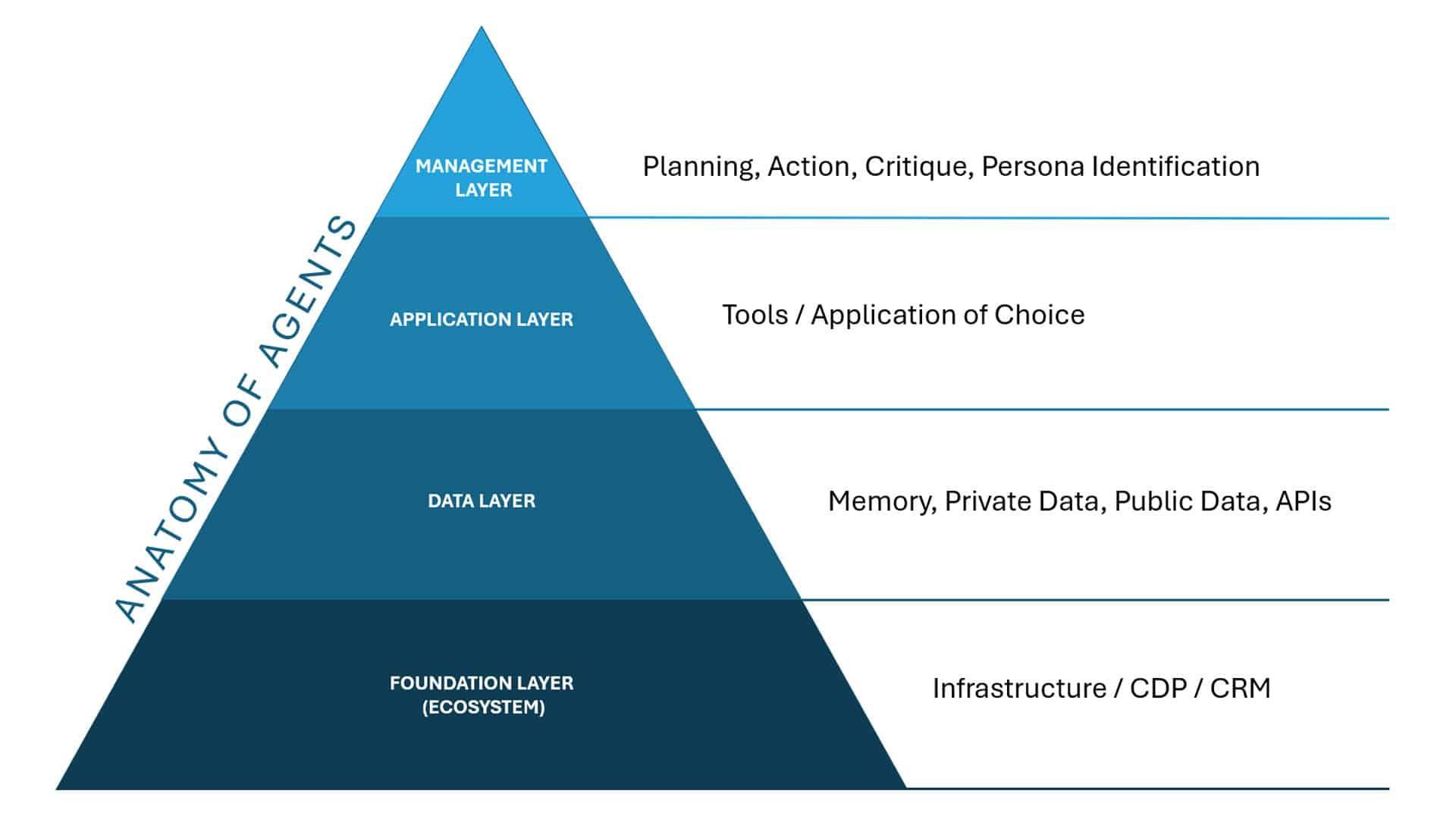 Anatomy of Agents diagram: pyramid with layers, from bottom to top: Infrastructure, Data, Core, and Management, with corresponding functions.