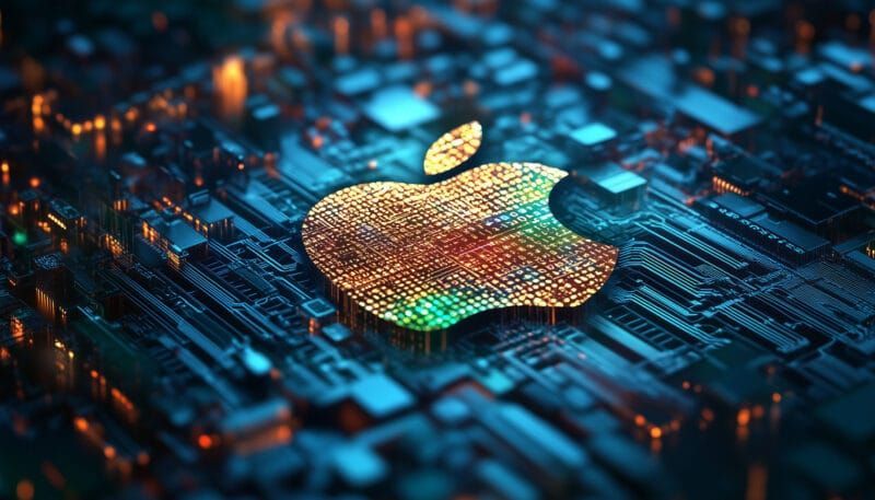 Apple logo on a glowing circuit board, digital design with blue and orange colors.