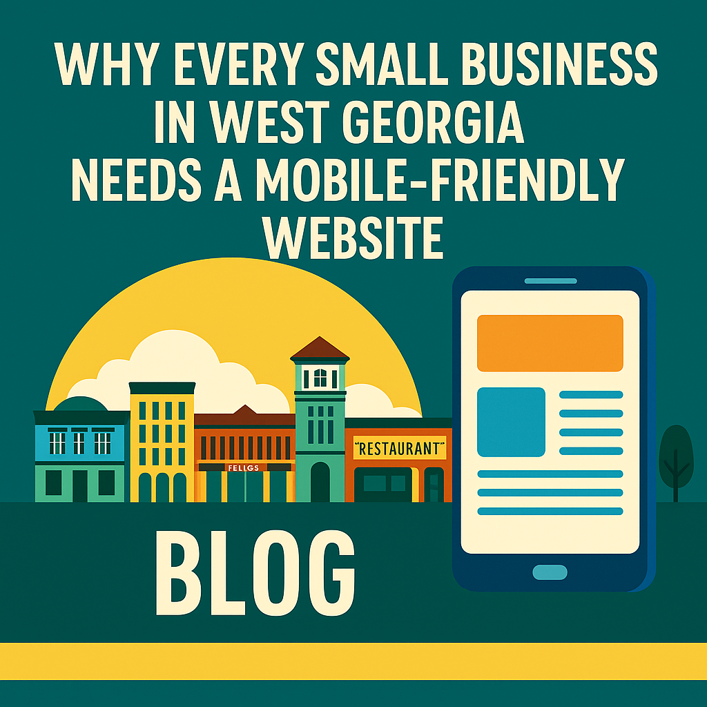 Blog promoting mobile-friendly websites for West Georgia businesses. Features a city skyline and smartphone graphic.