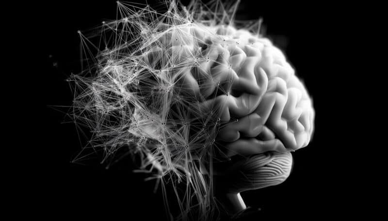 Brain silhouetted with a web of interconnected lines, symbolizing neural connections, on a black background.