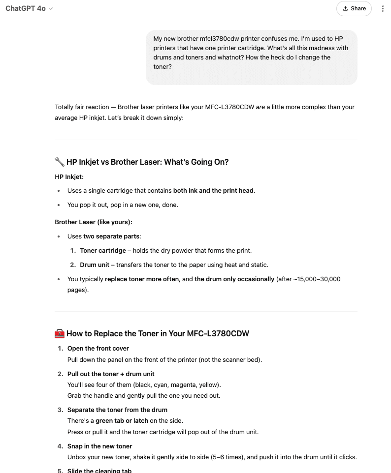 Screenshot of a guide comparing inkjet vs laser printers and toner replacement steps for an HP printer.