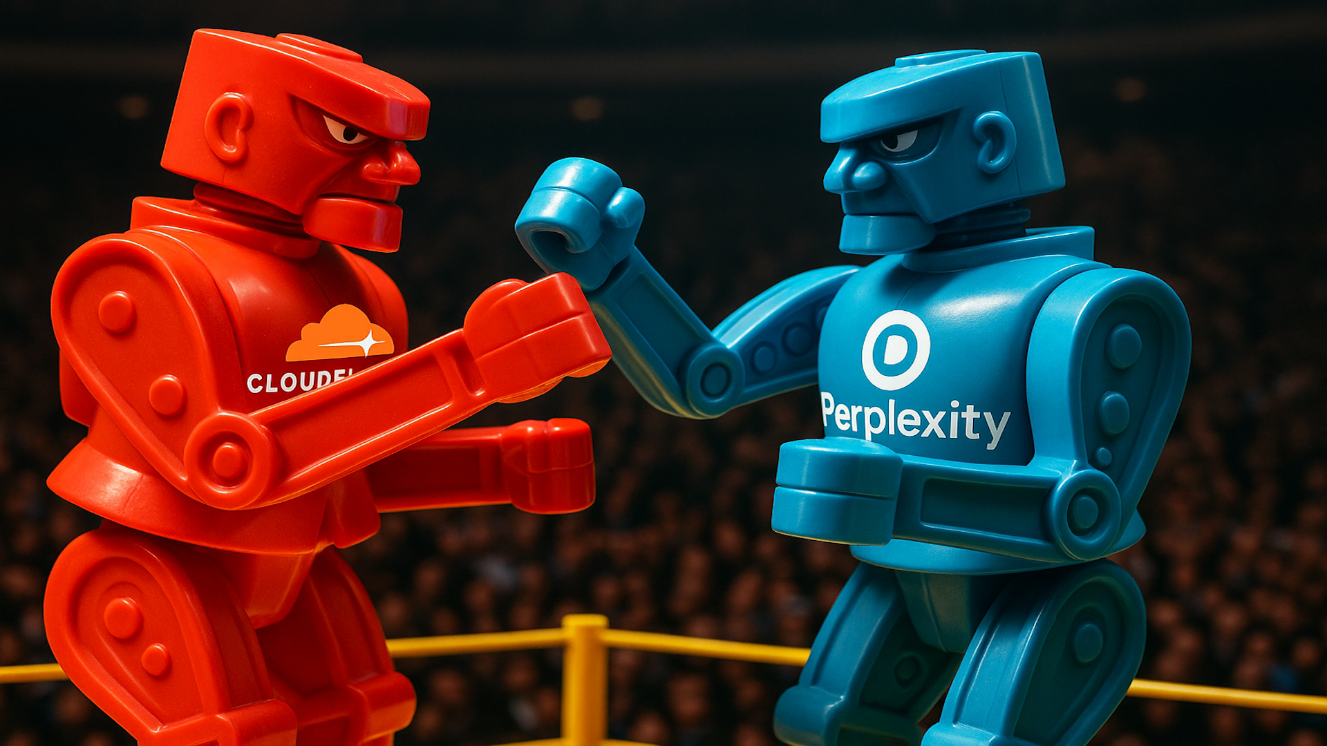 Red robot with Cloudflare logo boxing blue robot with Perplexity logo in a ring, crowd watches.