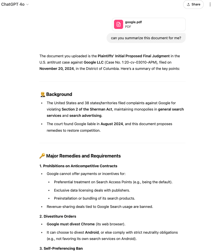 Document outlining proposed final judgment in the US vs. Google antitrust case, including remedies and requirements.