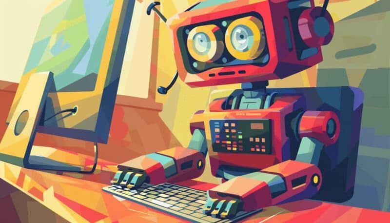 Red robot at computer, typing, with yellow eyes. Sunny, colorful setting.