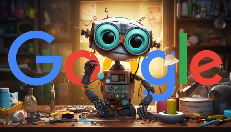 Google logo with a robot in a workshop setting. Robot has large blue eyes and is surrounded by tools.