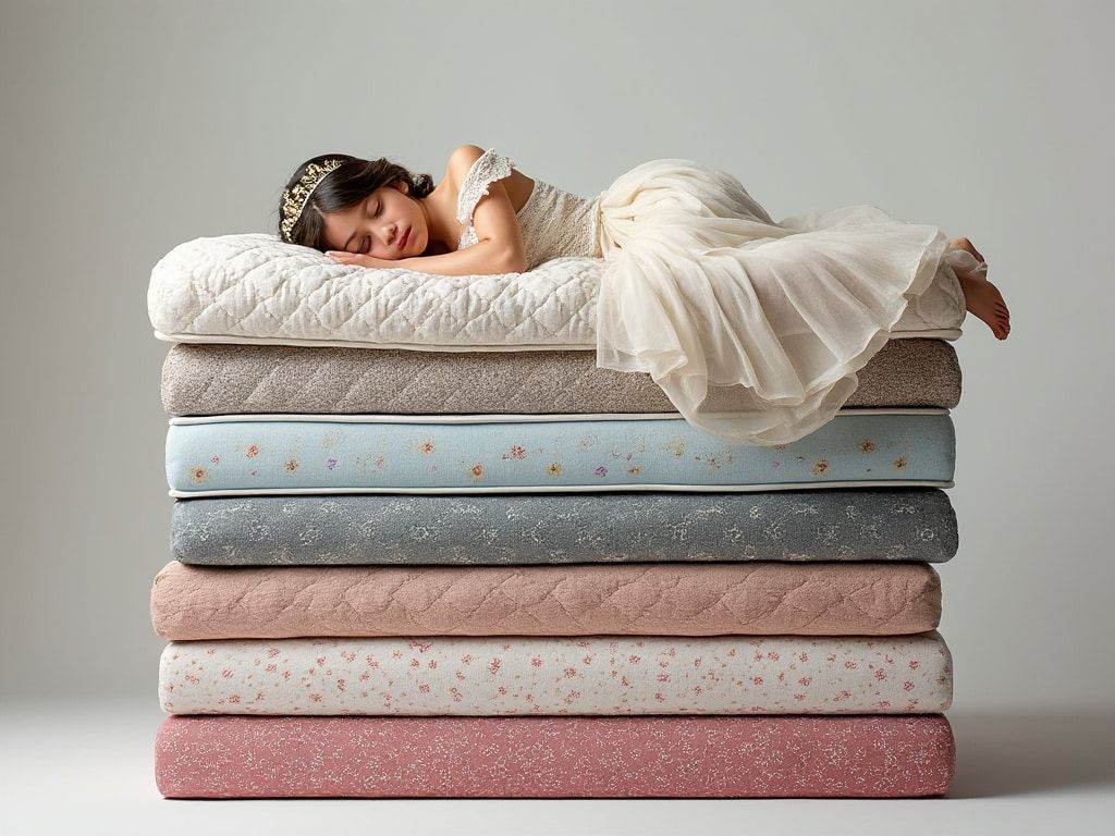 Young woman asleep atop a colorful stack of mattresses.