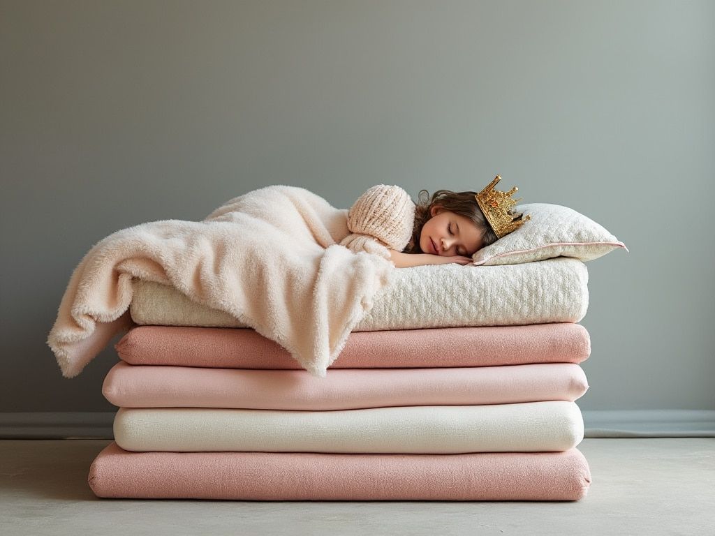 Girl sleeping on a stack of pink and white blankets, wearing a gold crown, against a gray wall.