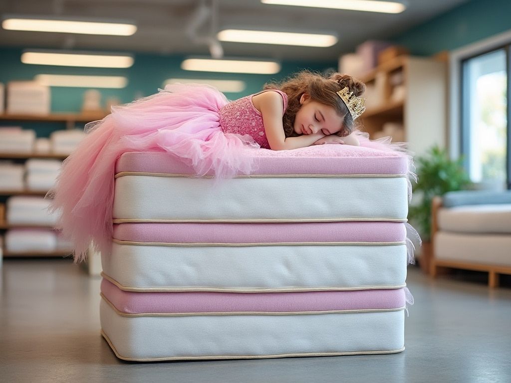 Girl in pink dress and crown asleep on stacked mattresses in a store.