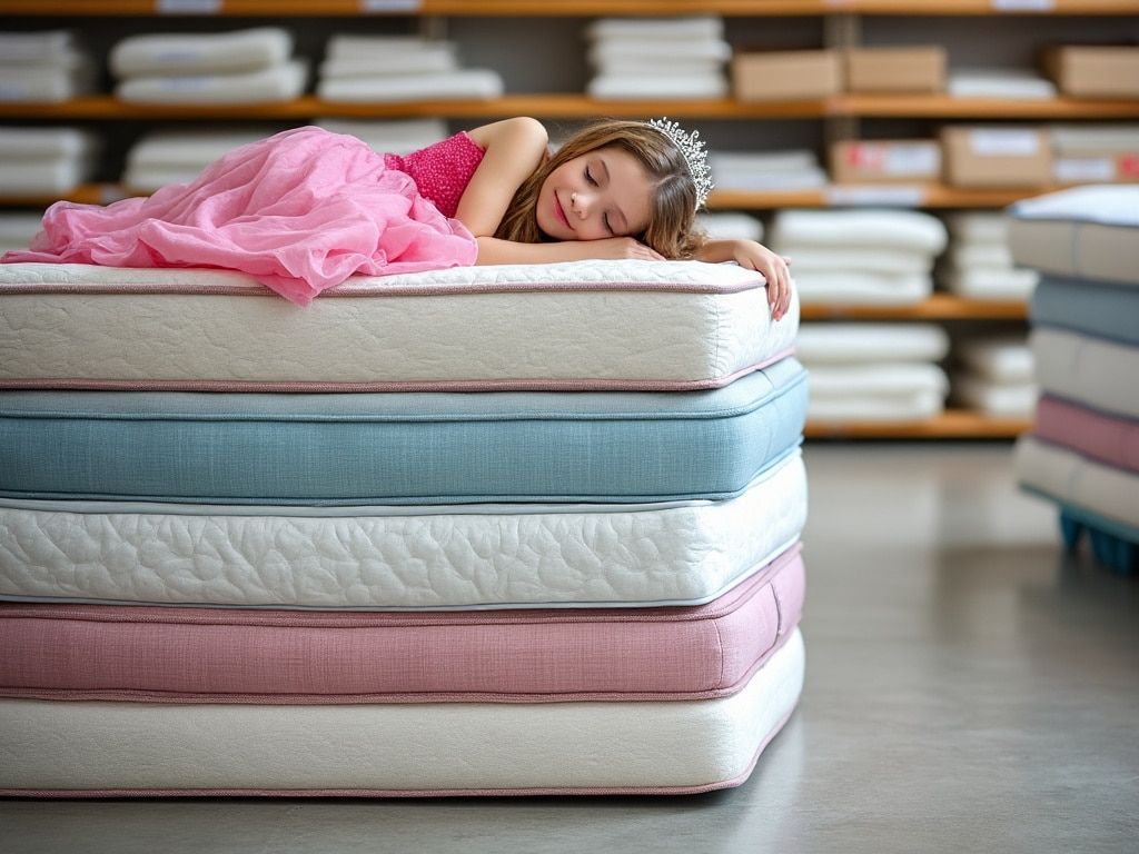 Young girl in a pink dress and tiara asleep on a stack of colorful mattresses in a store.