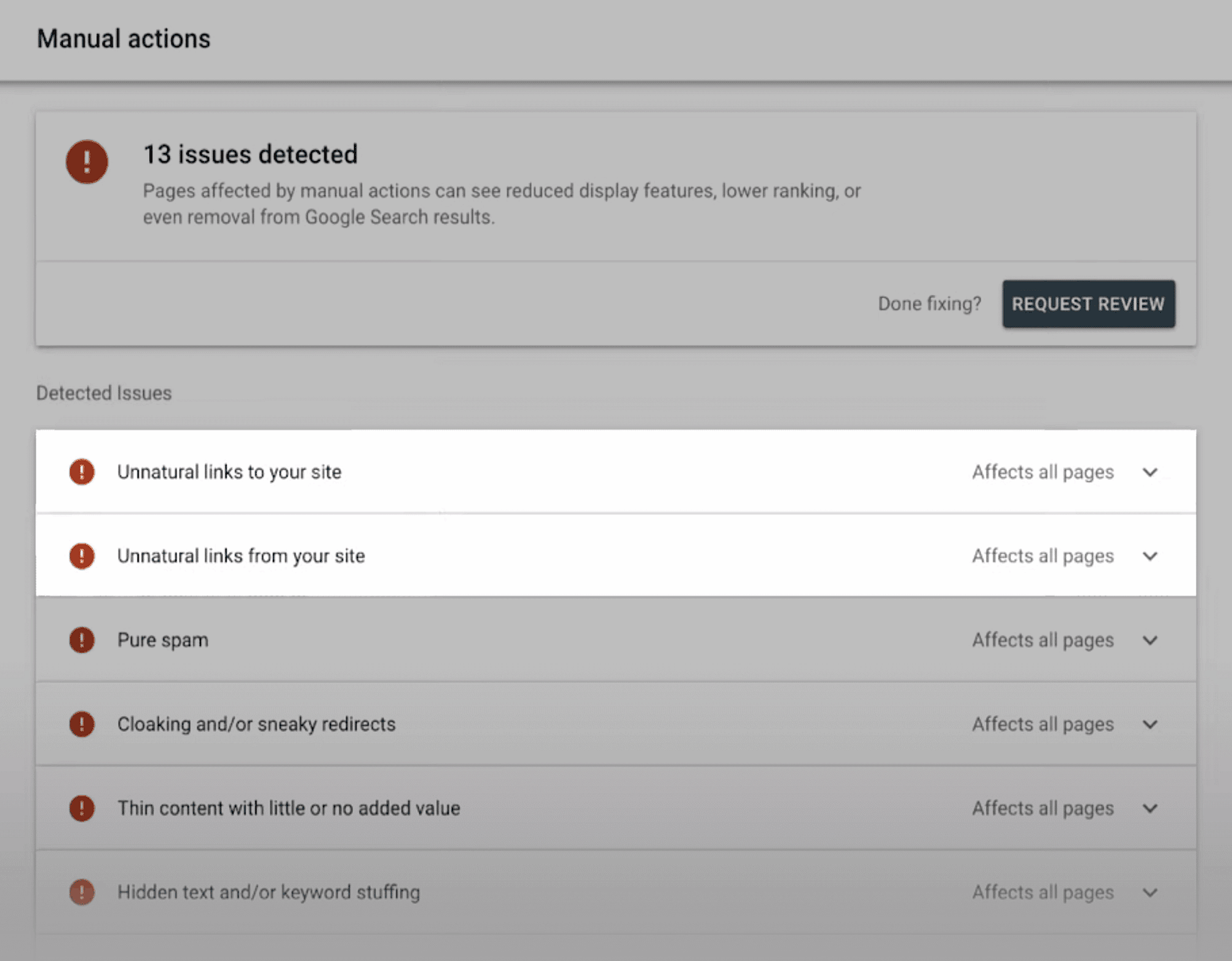 Screenshot of Google Search Console showing 13 manual action issues, including 