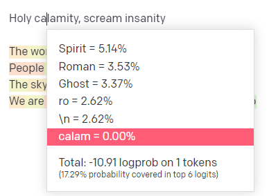 Analysis of text showing word probability breakdown, highlighting