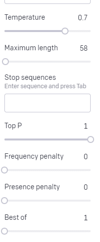 Settings panel with temperature, length, stop sequences, Top P, frequency and presence penalty, and best of.