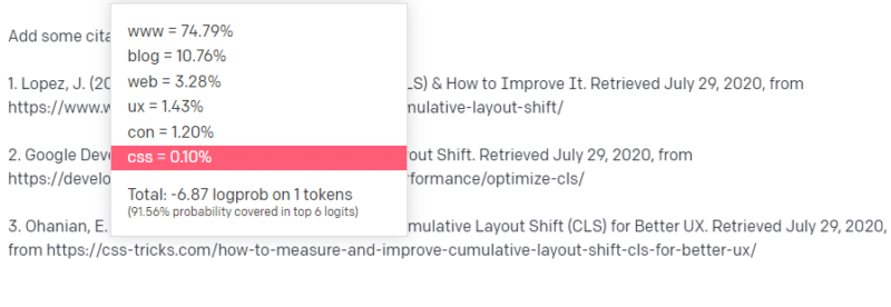 A white popup with a list of percentages: www 74.7%, blog 10.7%, web 3.28%, ux 1.43%, core 1.20%, and cso 0.00%