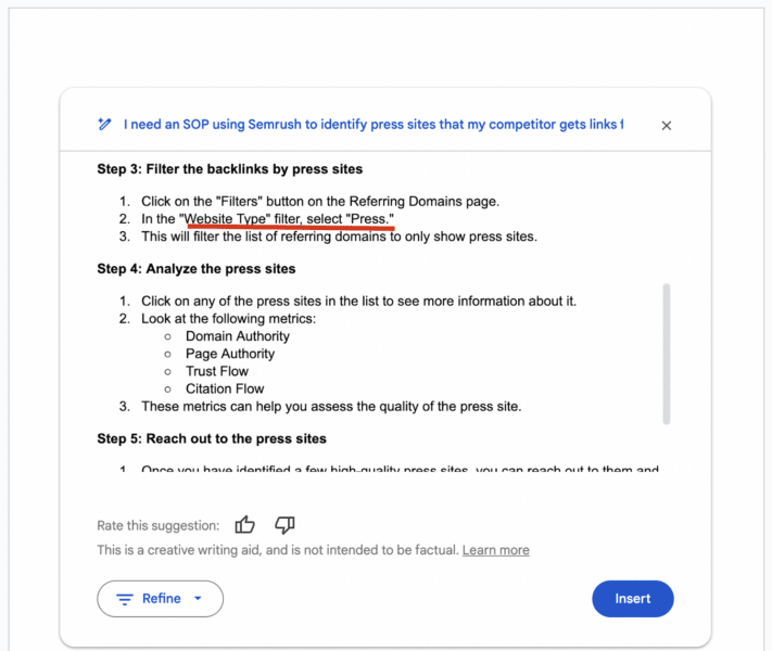 SOP using Semrush to identify press sites for backlinks, with steps on filtering and analyzing domains.