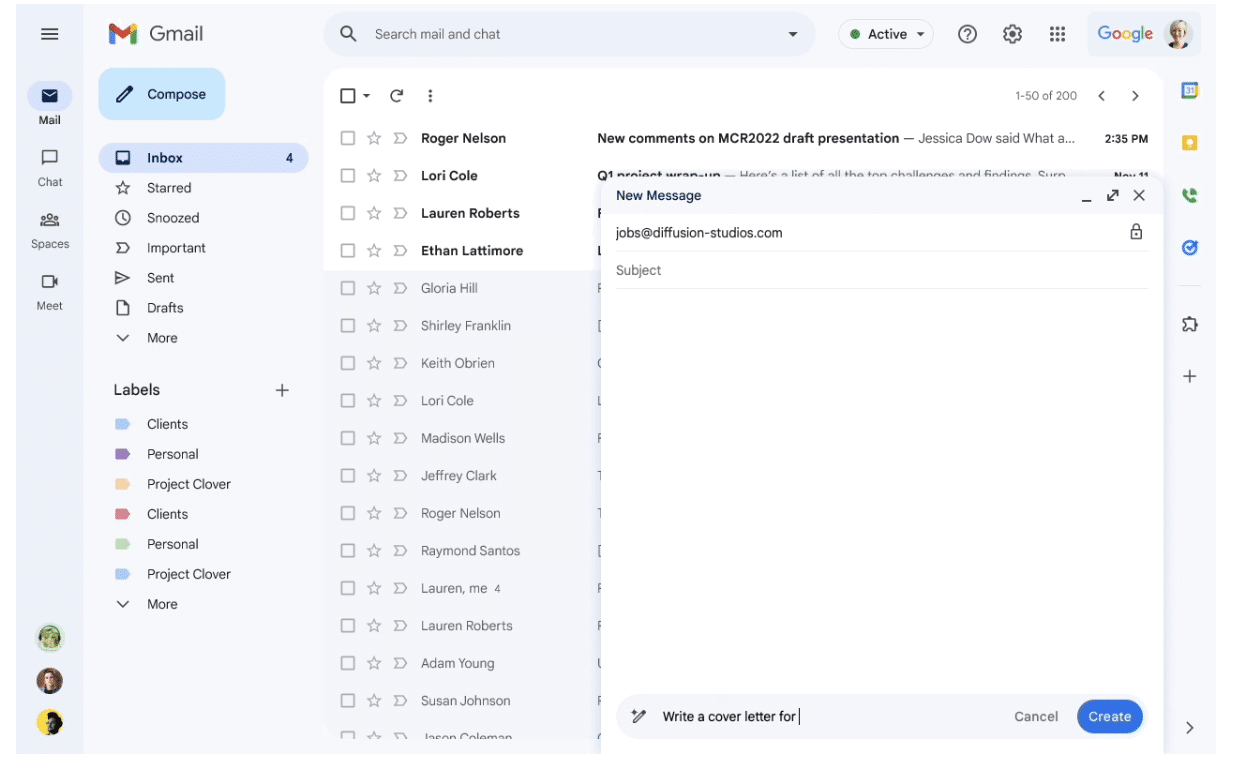 Gmail inbox on a computer screen showing a list of emails and a message open.