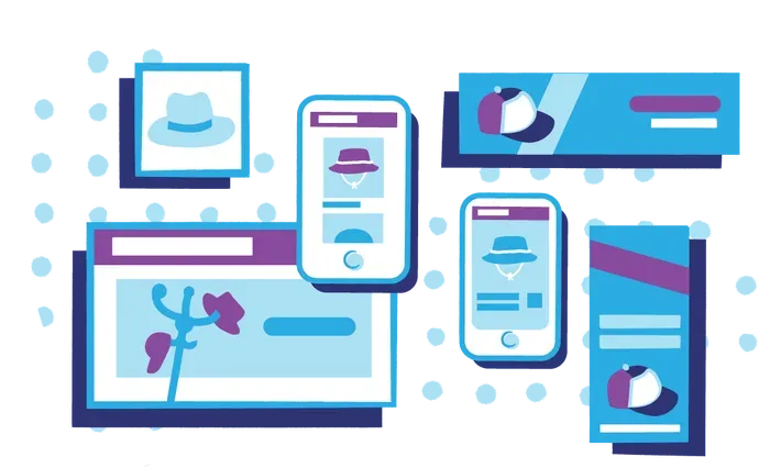 Illustration of digital devices: a laptop, two smartphones, a banner, and a vertical ad, all displaying a blue hat icon and the same color scheme.