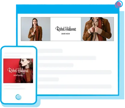 Ad layout with a smartphone displaying a red ad, and a desktop with an ad of a woman in a jacket and a brand logo.