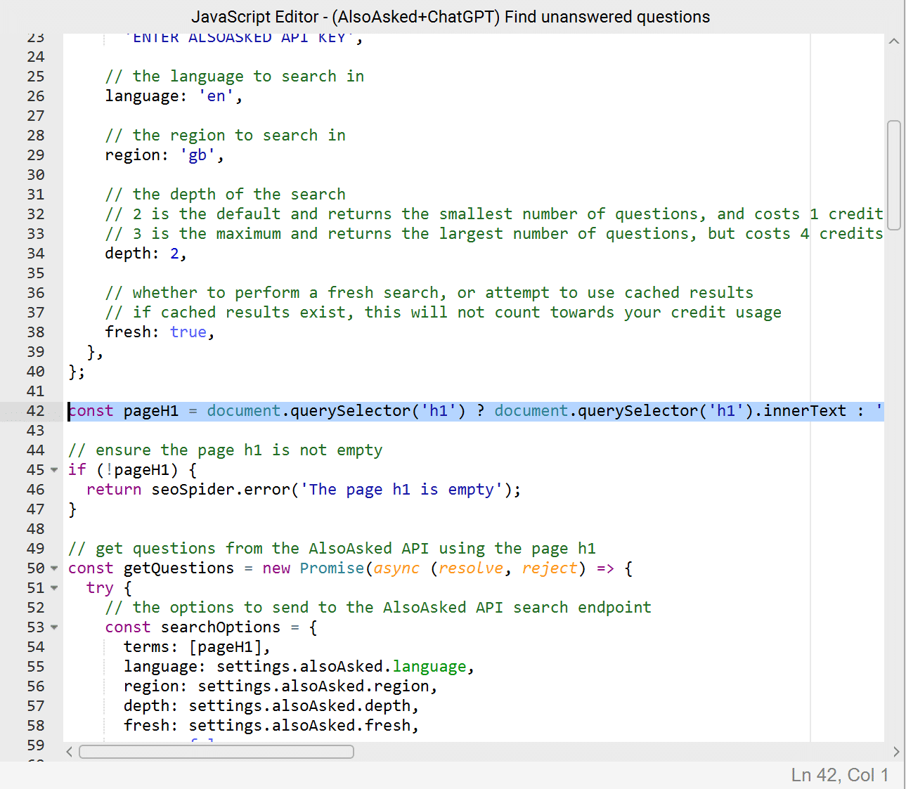 Code snippet with lines of JavaScript, likely related to a search function using an API.