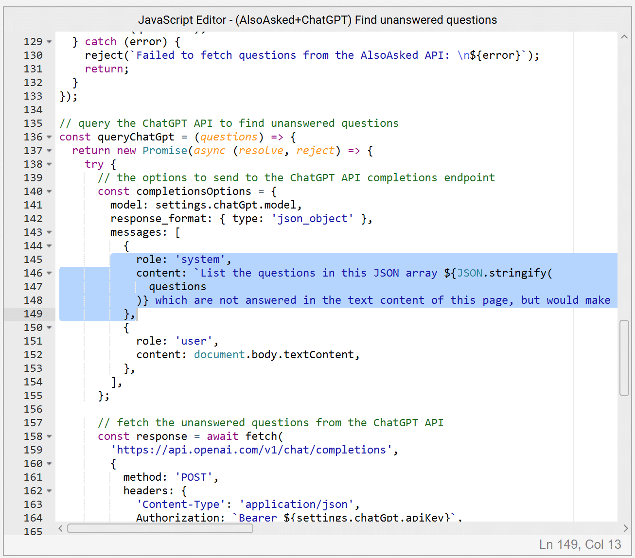 Code snippet: JavaScript in IDE, highlighting a section about getting and displaying questions from chatbot.