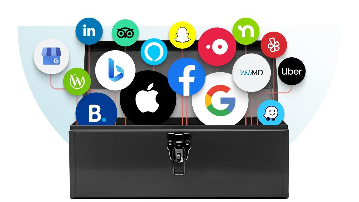 Black toolbox with icons of various social media and tech platforms emerging from it, including Facebook, Google, Apple, and LinkedIn.