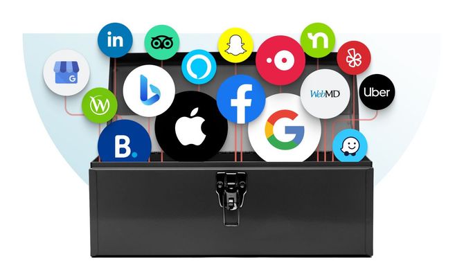 Black toolbox with icons of various social media and tech platforms emerging from it, including Facebook, Google, Apple, and LinkedIn.