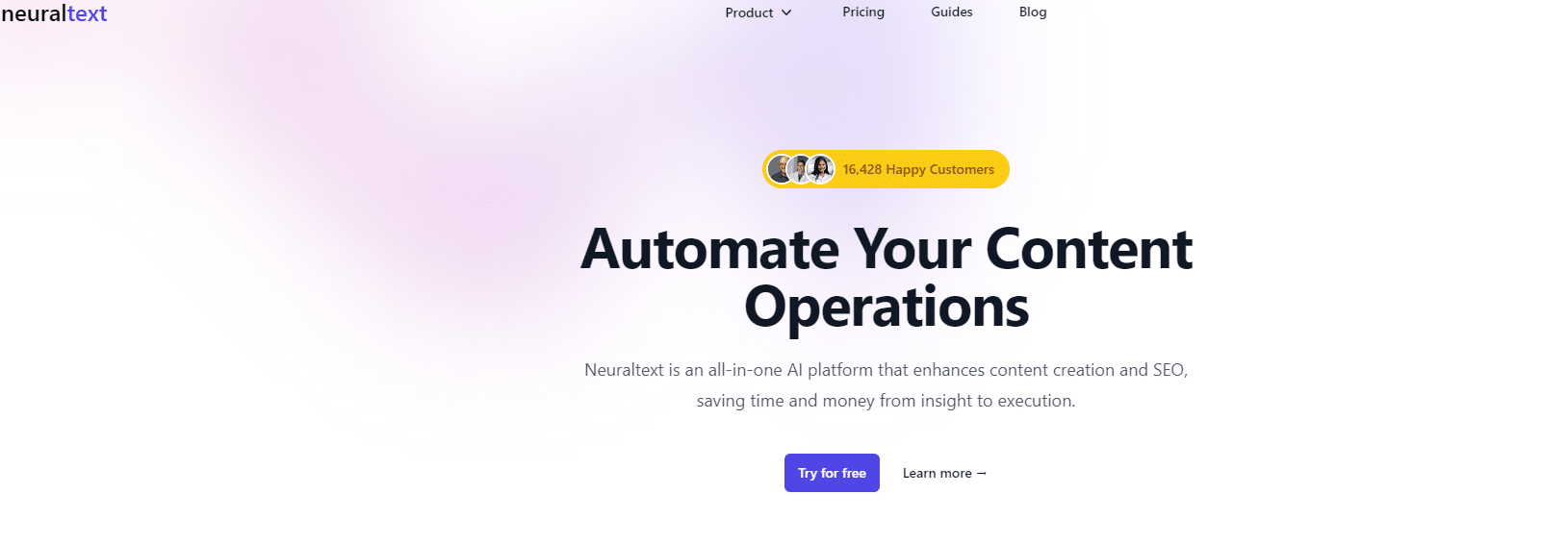 A webpage promoting content automation, featuring text, a button, and a blurred purple and white background.