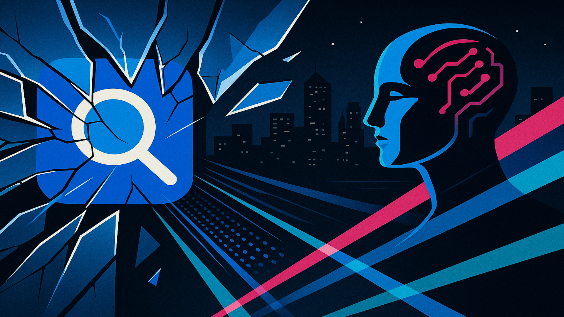 Illustration: A search icon shatters, a brain with circuit patterns looks over a city scene, blue and pink hues.