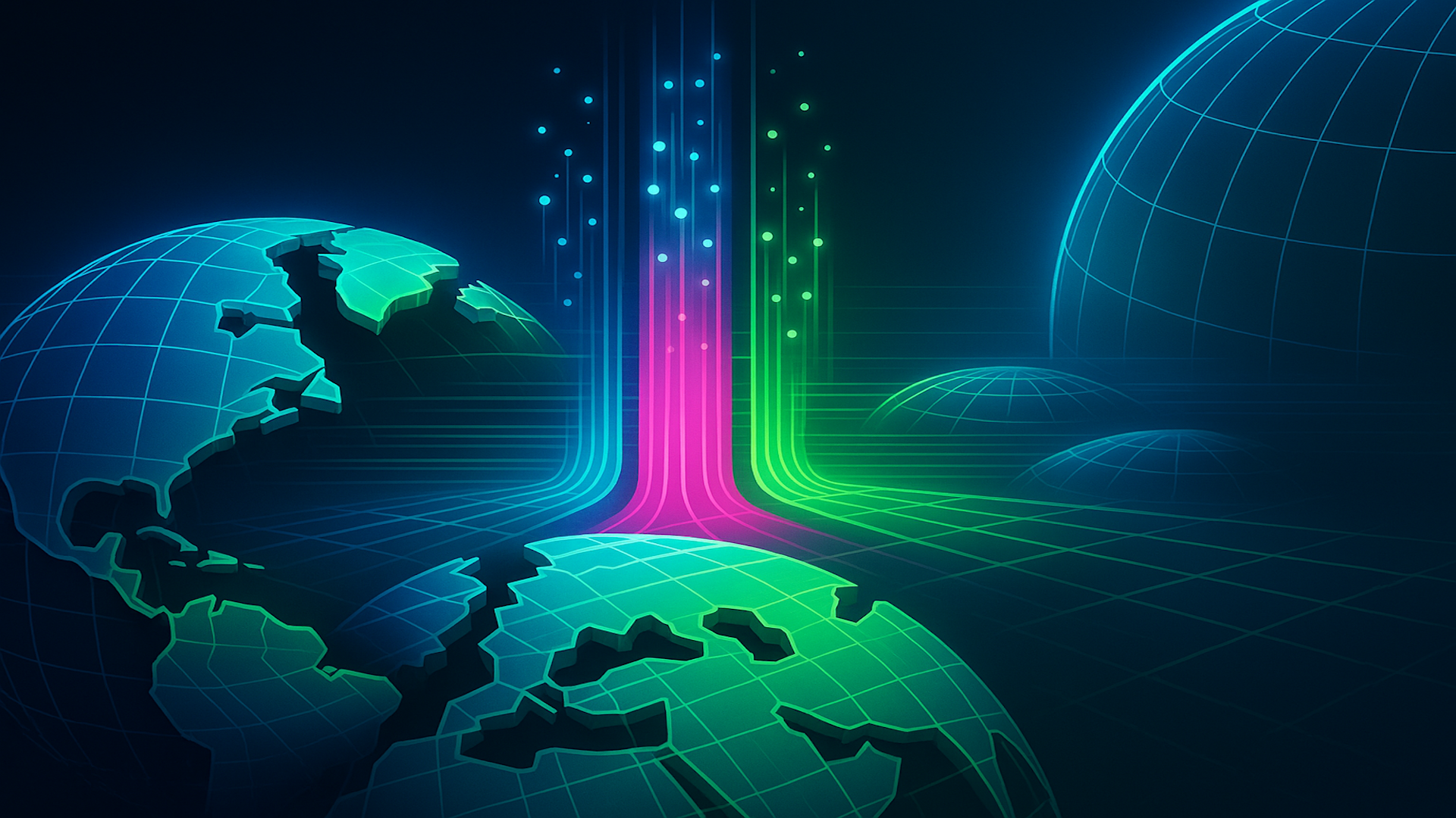 Glowing digital Earth globes with data streams of pink, purple, and green.