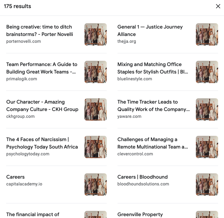 Search results showing a grid of website cards. Each has a title, URL, and a brown image.