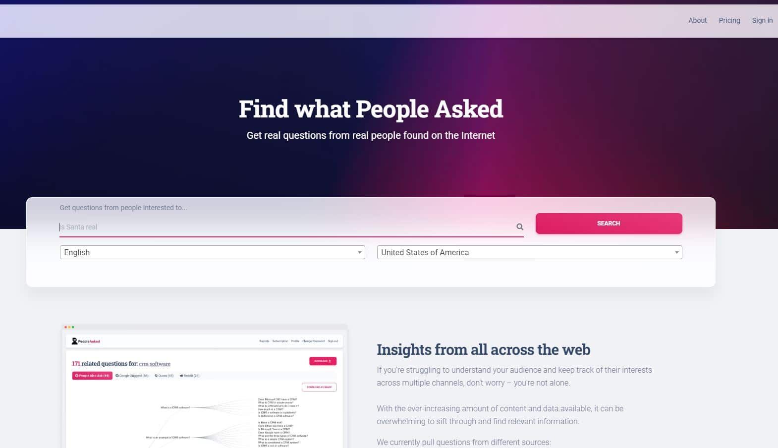 Website with search bar; dark blue and pink gradient background; search for “dog”.