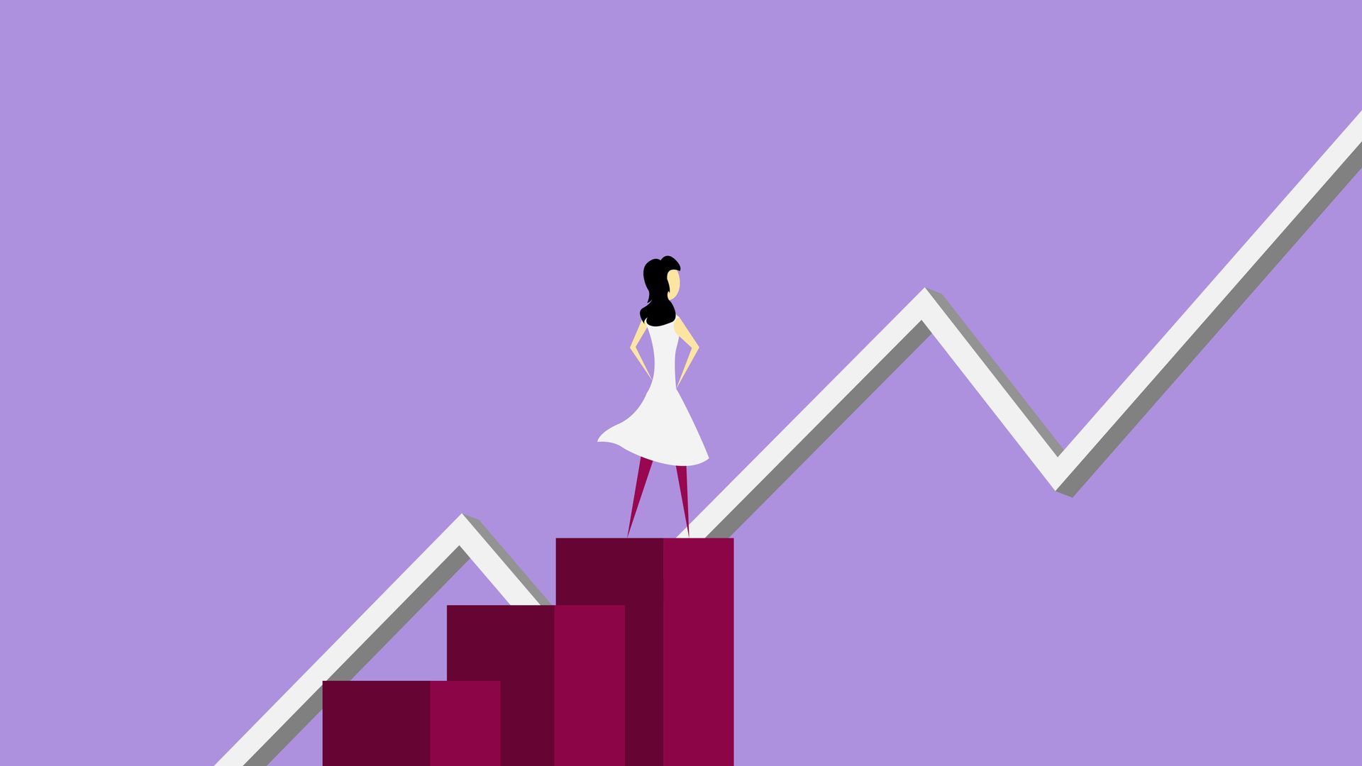 Woman in a white dress standing on a red bar graph, with a white upward-trending line, representing success against a purple backdrop.