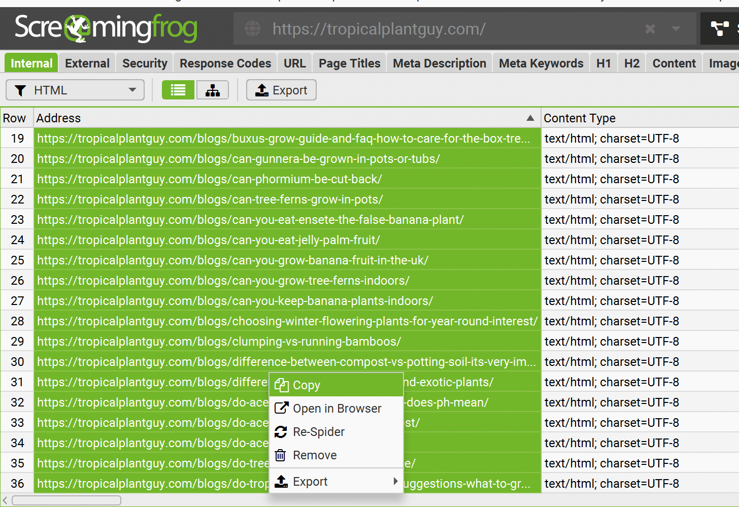 Screaming Frog software interface showing a crawl of a website's HTML with a highlighted right-click menu and export options.