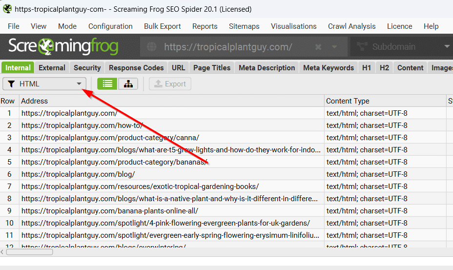 Screaming Frog SEO spider showing internal URLs, with a dropdown menu and red arrow pointing to a specific link.