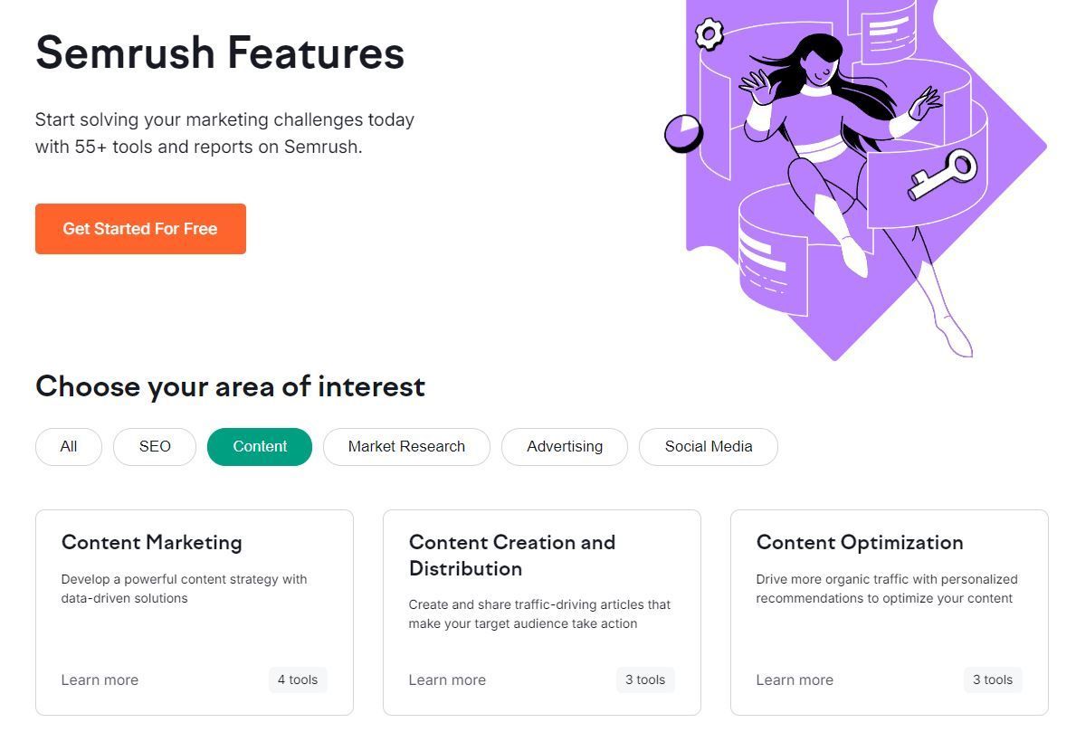 Semrush Features: Woman holding keys, choosing marketing area of interest, content marketing section.