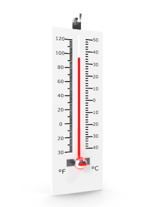 A white thermometer with a red needle is showing a temperature of 70 degrees celsius