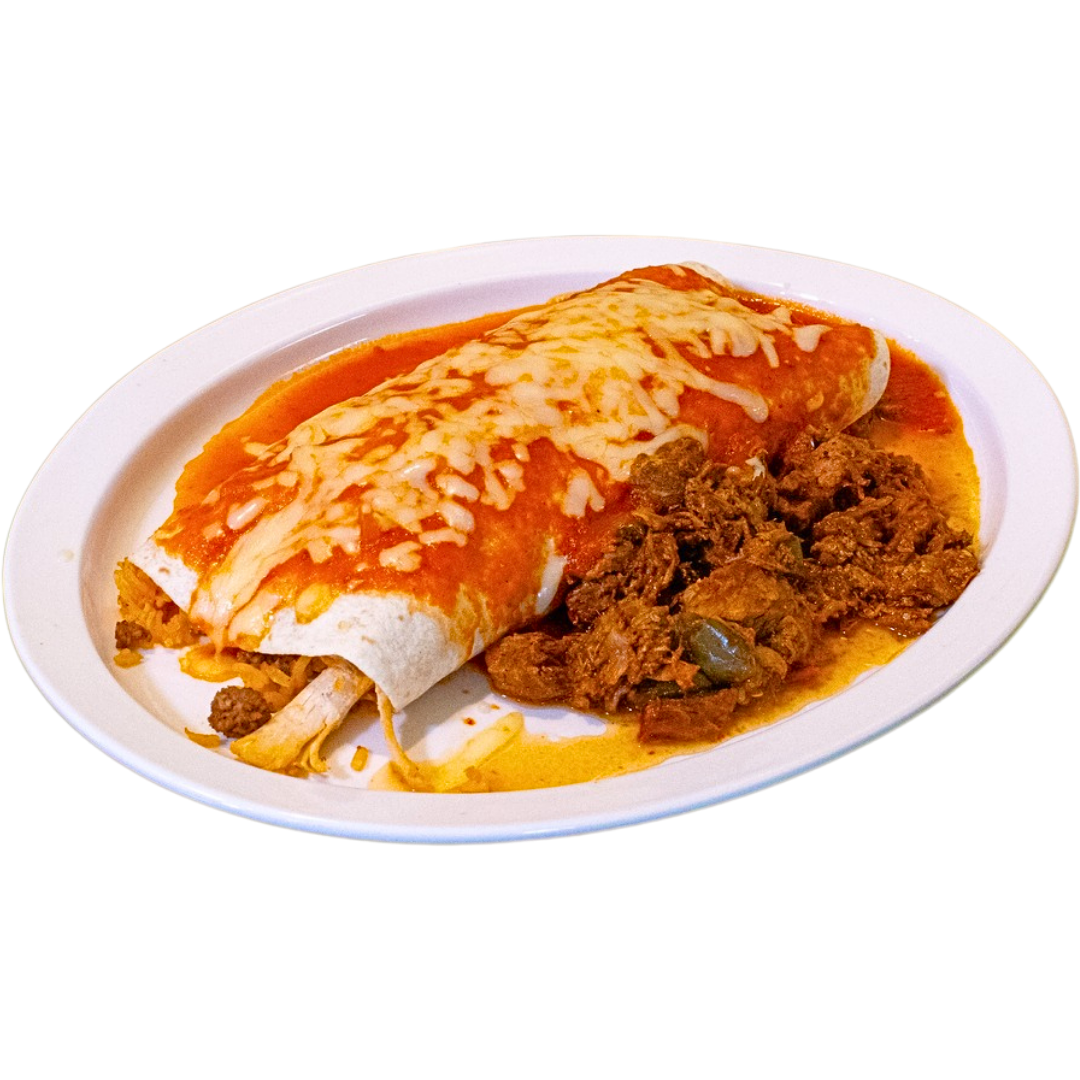 Burrito covered in red sauce and melted cheese, served with a side of meat on a white oval plate.