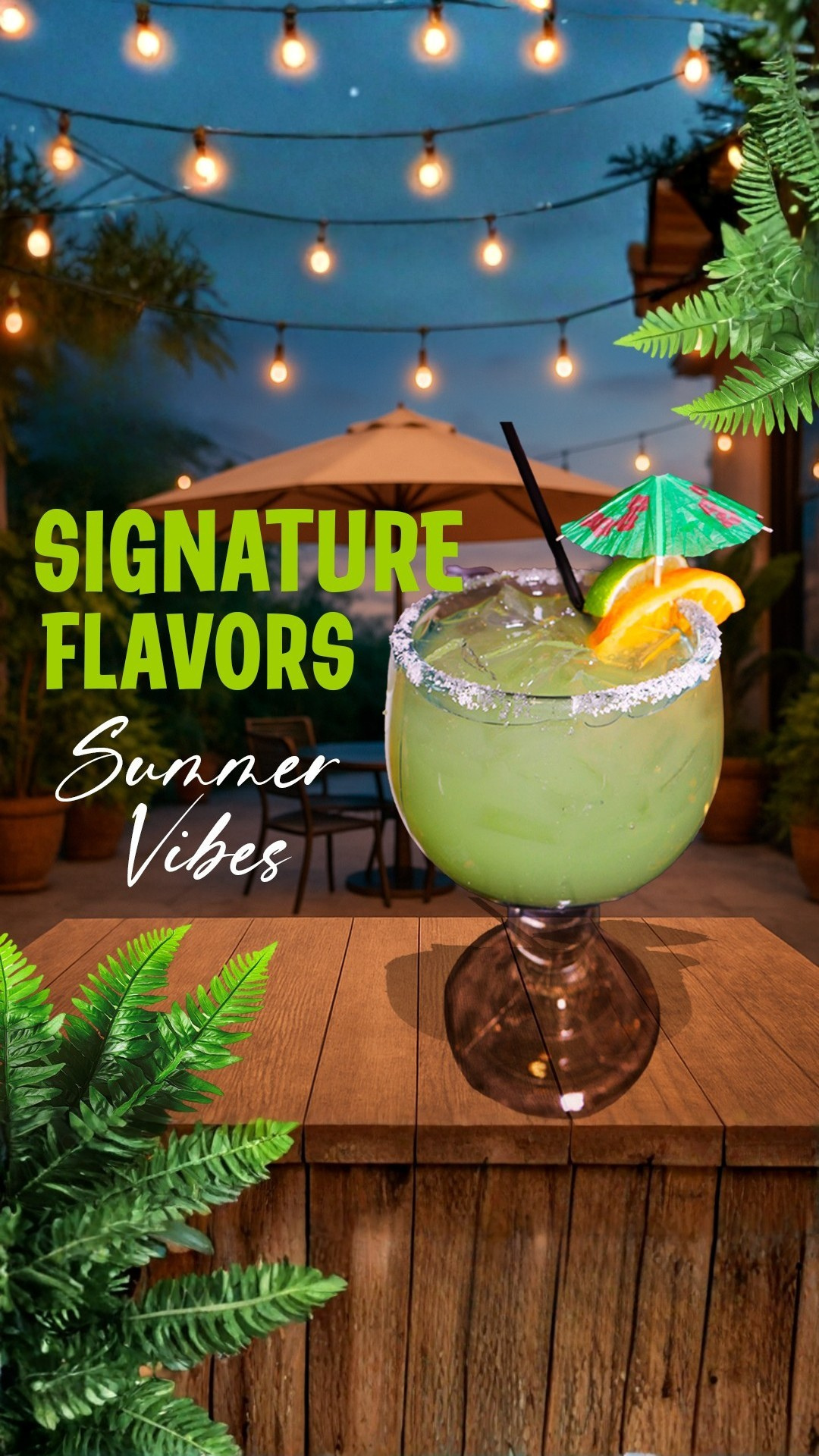 Margarita in a large glass with lime and orange slice, on a wooden table, outside with string lights. 