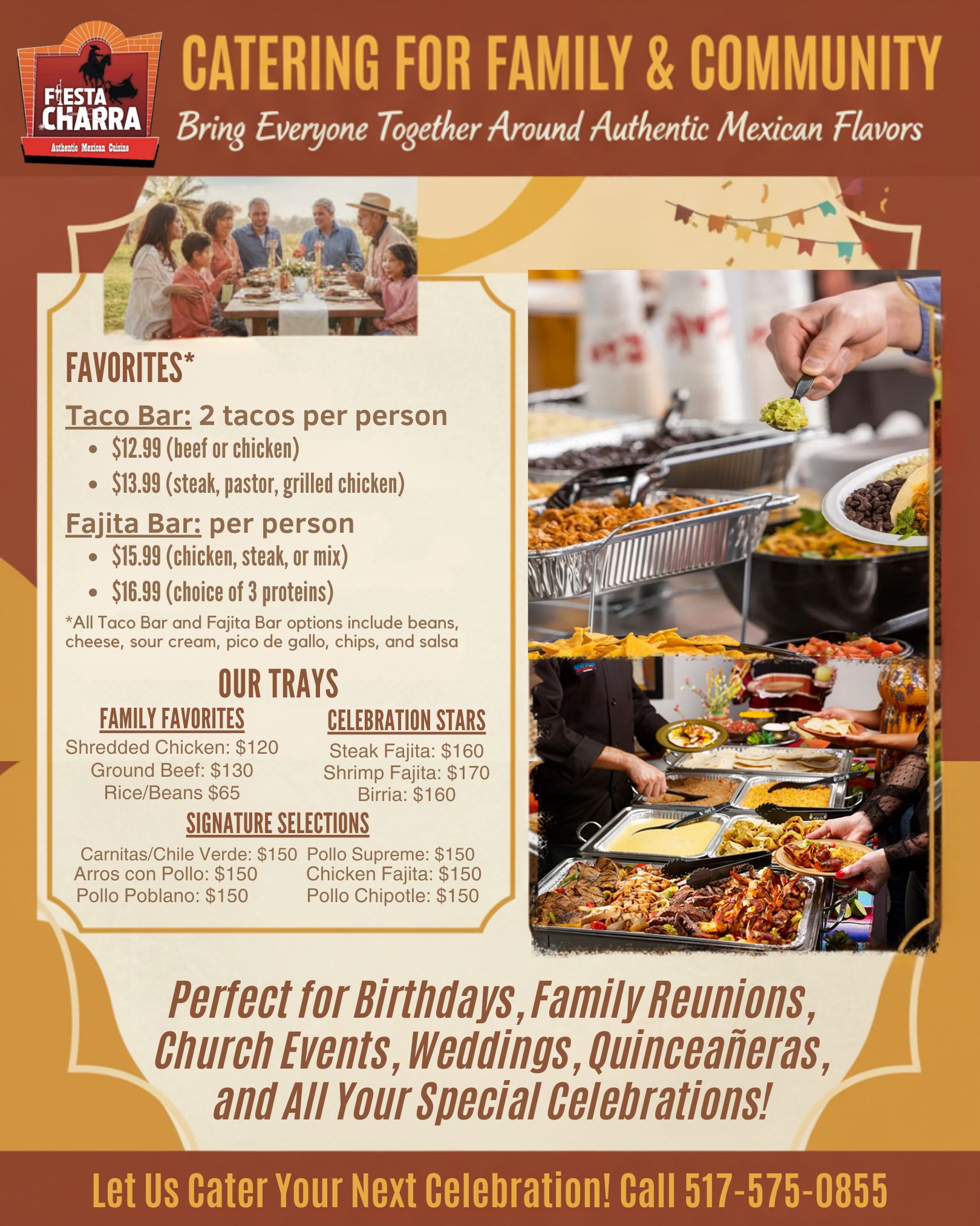 Catering menu for Cara De Leon with taco, fajita and tray options. Celebrations events, call 517-575-0855.