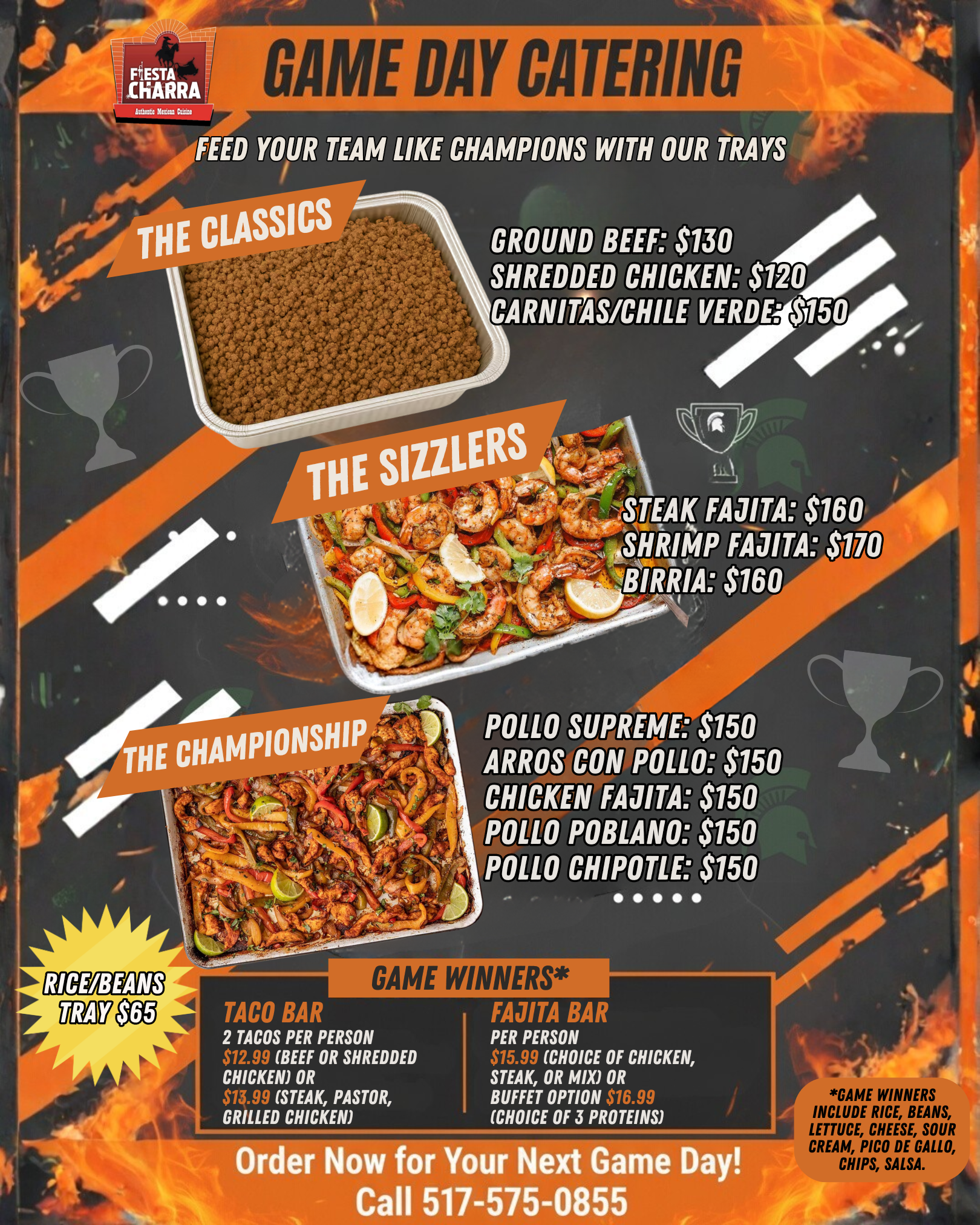 Game day catering menu with food options and prices. Includes tacos, burritos, and more.