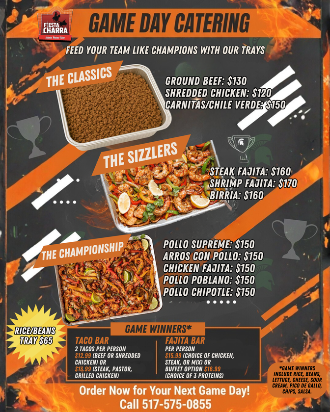 Game day catering menu with food options including classics, sizzlers, and championship meals.