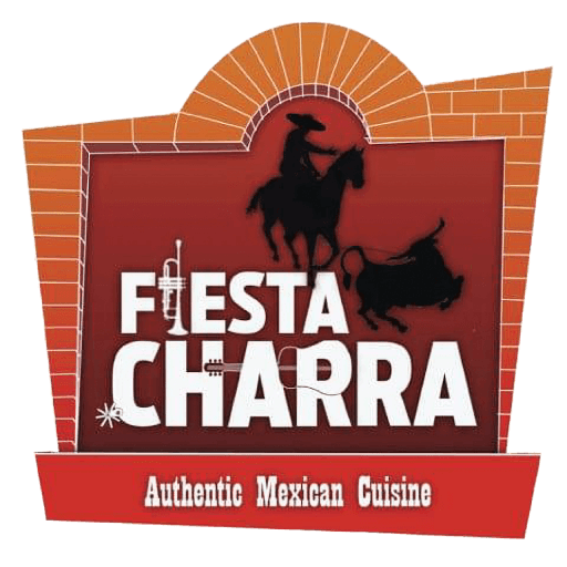 Fiesta Charra restaurant logo: A charro on horseback, a bull, and text against a red background. Authentic Mexican cuisine.
