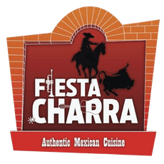 Fiesta Charra restaurant logo: A charro on horseback, a bull, trumpet, and guitar over red text. 