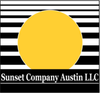 Yellow sun graphic over black and white horizontal stripes; Sunset Company Austin LLC text below.