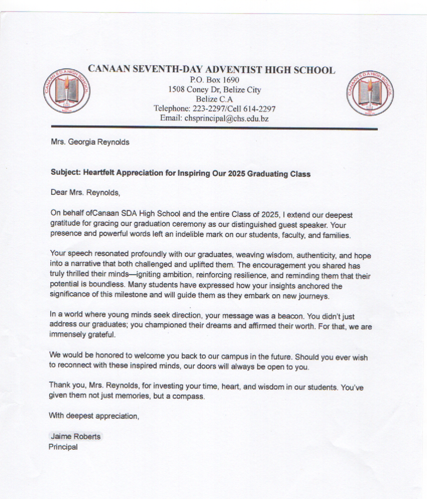 A letter from the canaan seventh day adventist high school